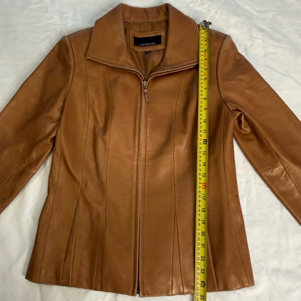 Jones New York Cognac Leather Jacket M Fitted Y2K Zip Tailored Caramel Blazer - Picture 13 of 14